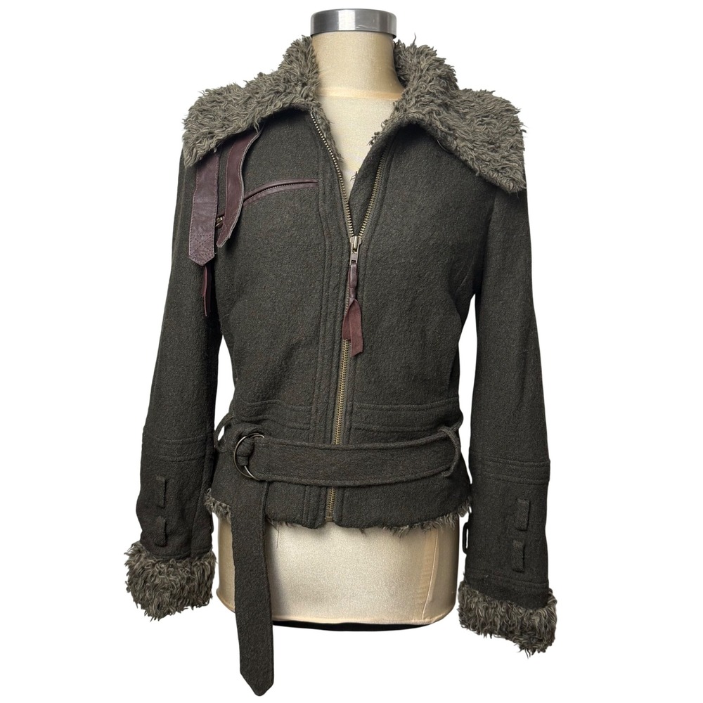 We The Free Free People Green Wool Blend Faux Fur Trim Biker Jacket Size 6